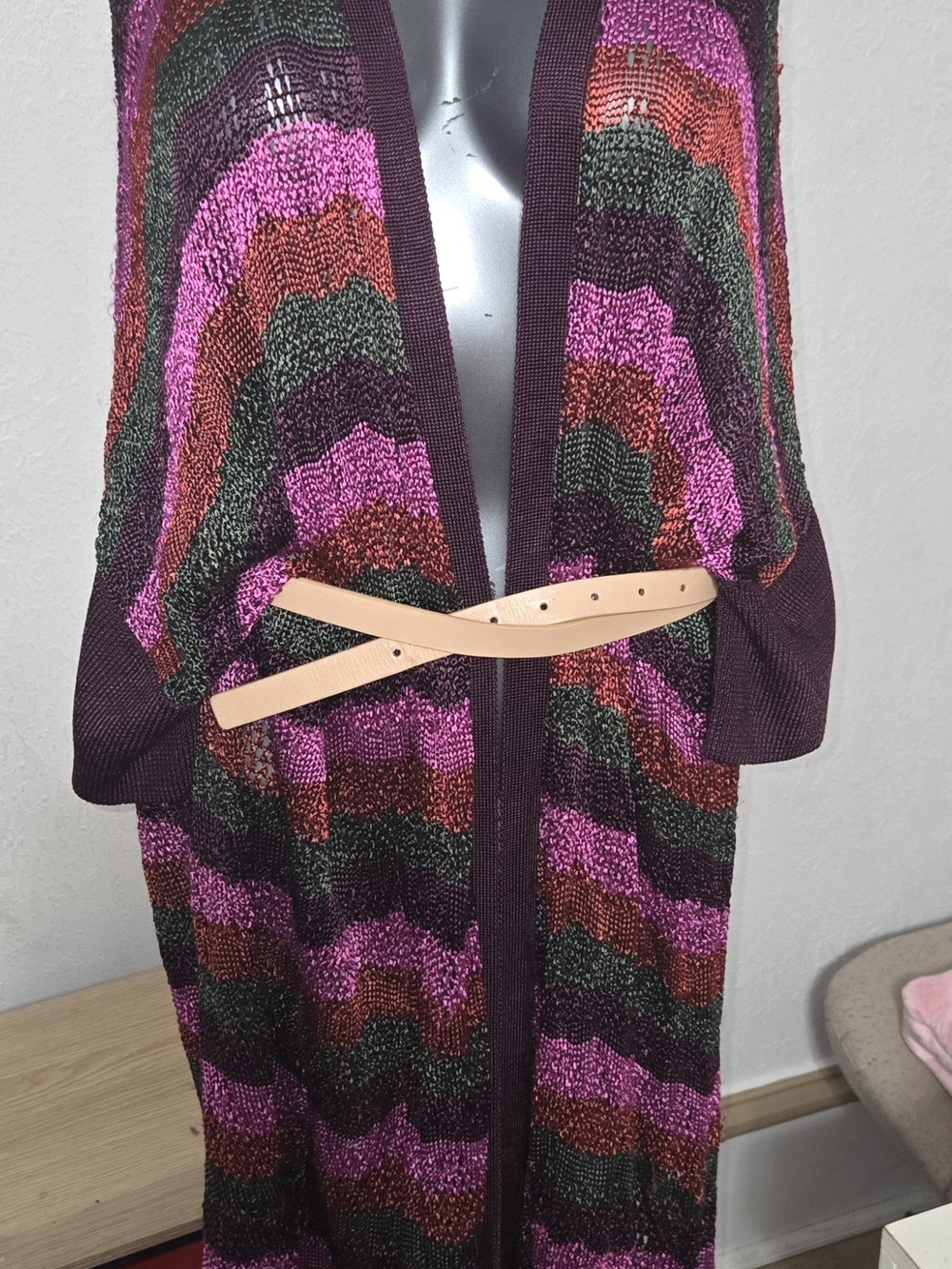 Zara Open-Front Striped Cardigan in Pink, Green & Burgundy